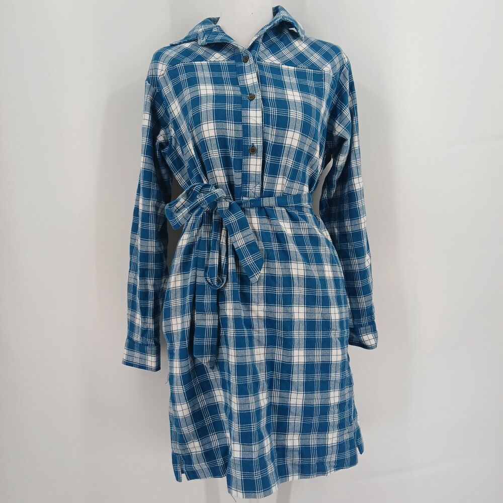 LOFT Blue Plaid Long Sleeve Button Down Shirt Dress Belted Size XS